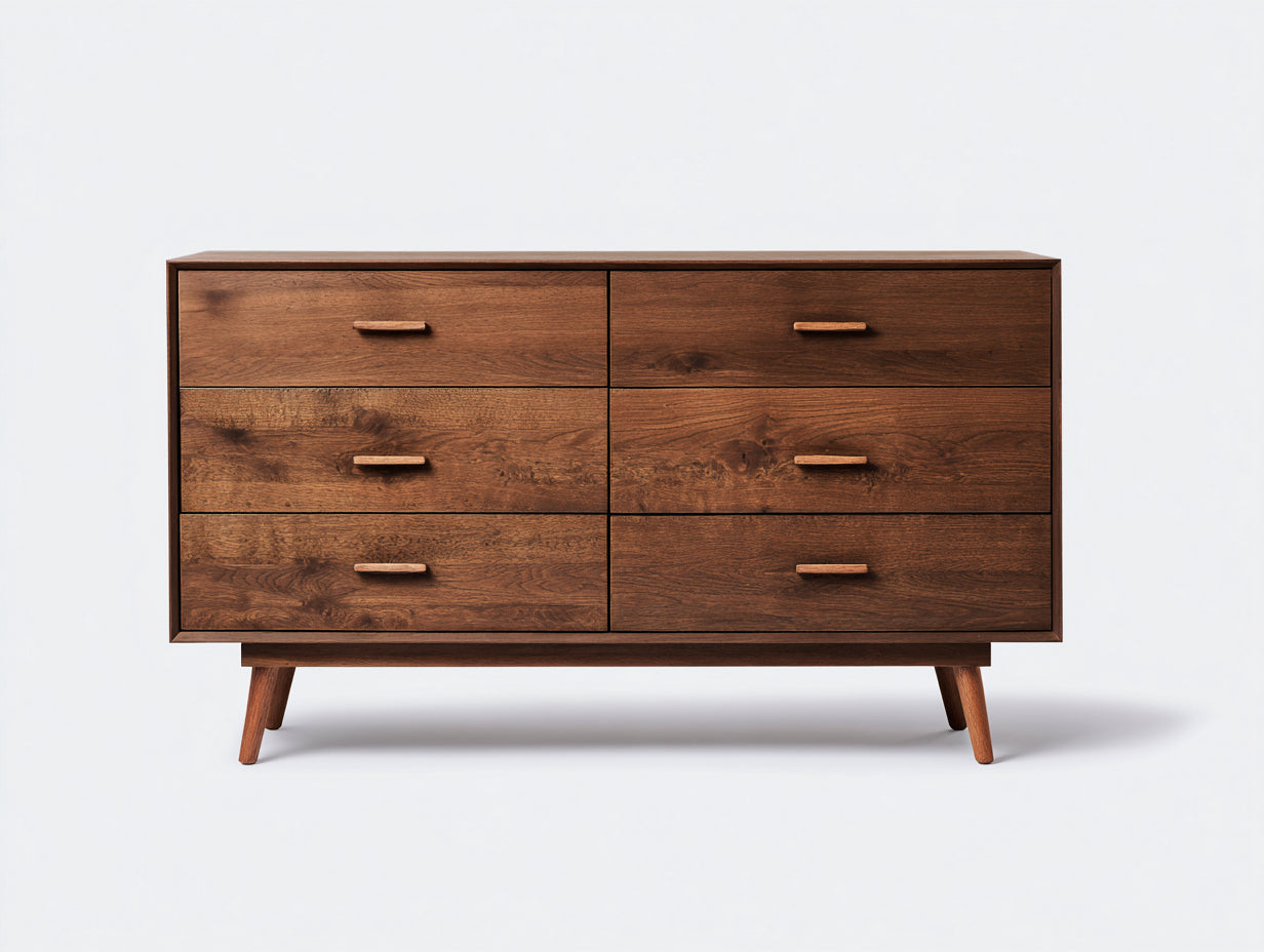 Cómodas 140x45x80 cm - madera maciza marrón - 6 cajones - estilo moderno de mediados de siglo