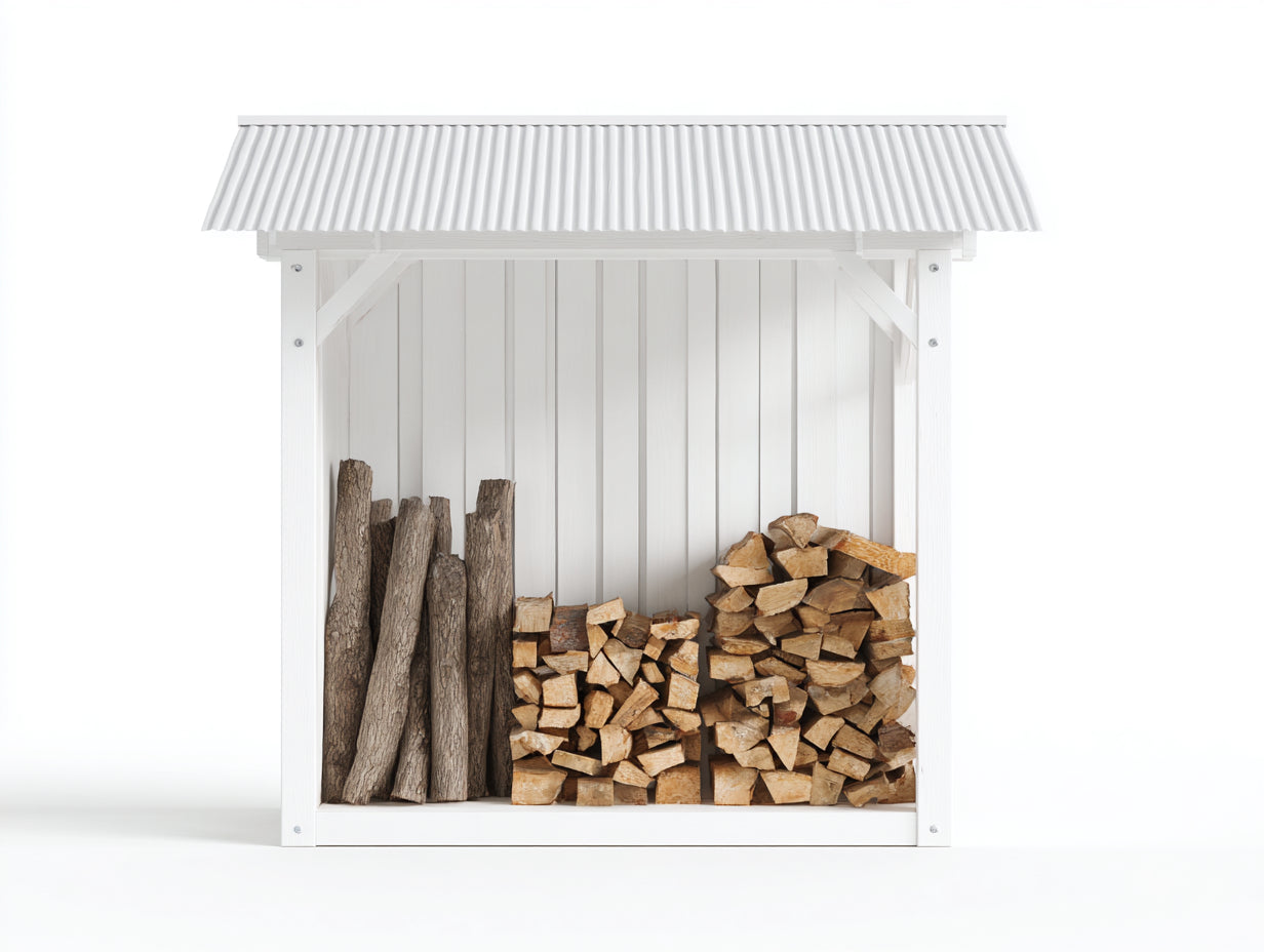 Leñero de exterior madera maciza 135x55x150 cm - blanco - con tejado corrugado