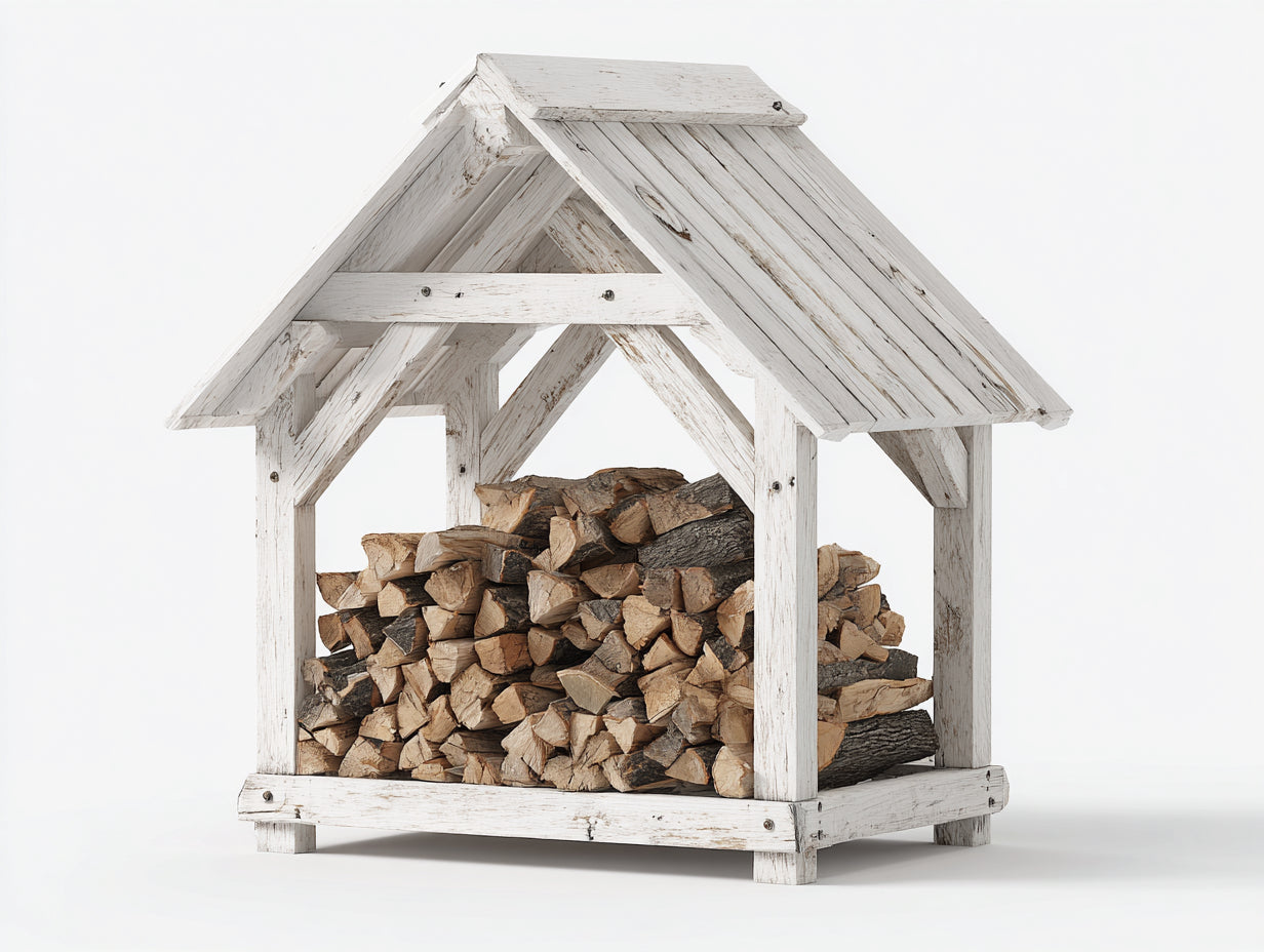 Leñero de exterior de madera 120x70x150 cm - blanco envejecido - diseño con tejado