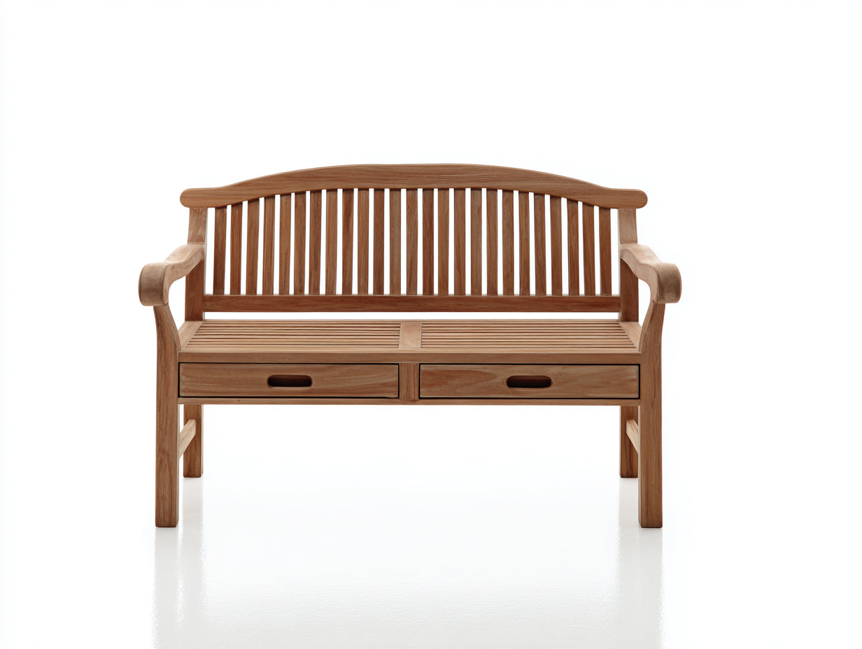 Bancos de jardín madera maciza 150x60x90 cm - marrón natural - con respaldo, reposabrazos y 2 cajones