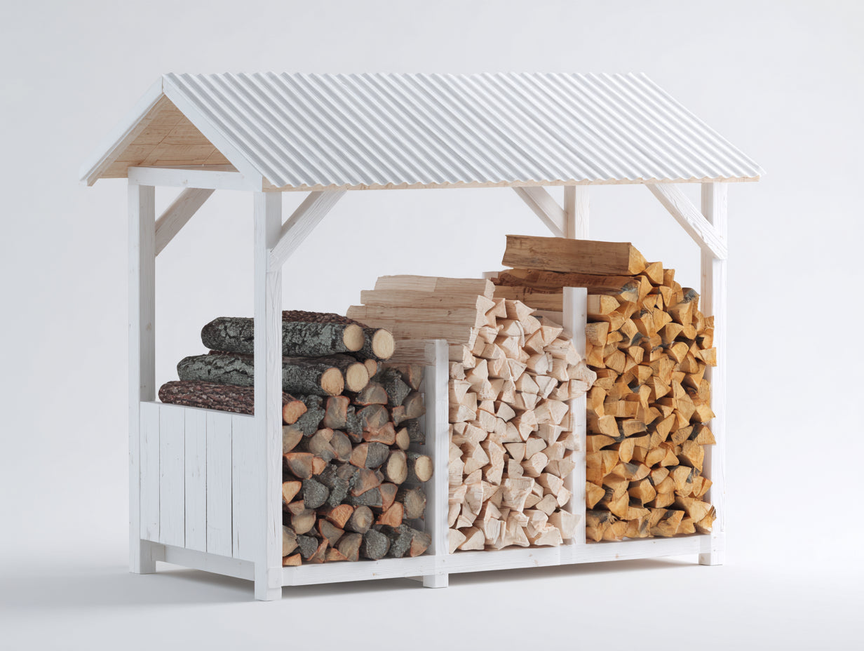 Leñero de exterior 180x60x155 cm - madera blanca con techo ondulado - estilo rústico para jardín