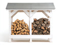 Leñero de exterior madera maciza 140x65x160 cm - blanco-gris - con tejado inclinado