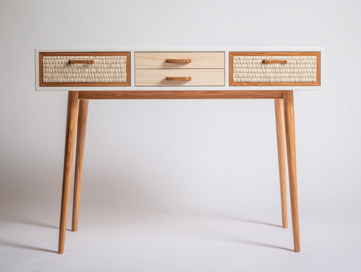 Mesas de oficina madera 130x55x76 cm blanco y natural - diseño moderno con 4 cajones