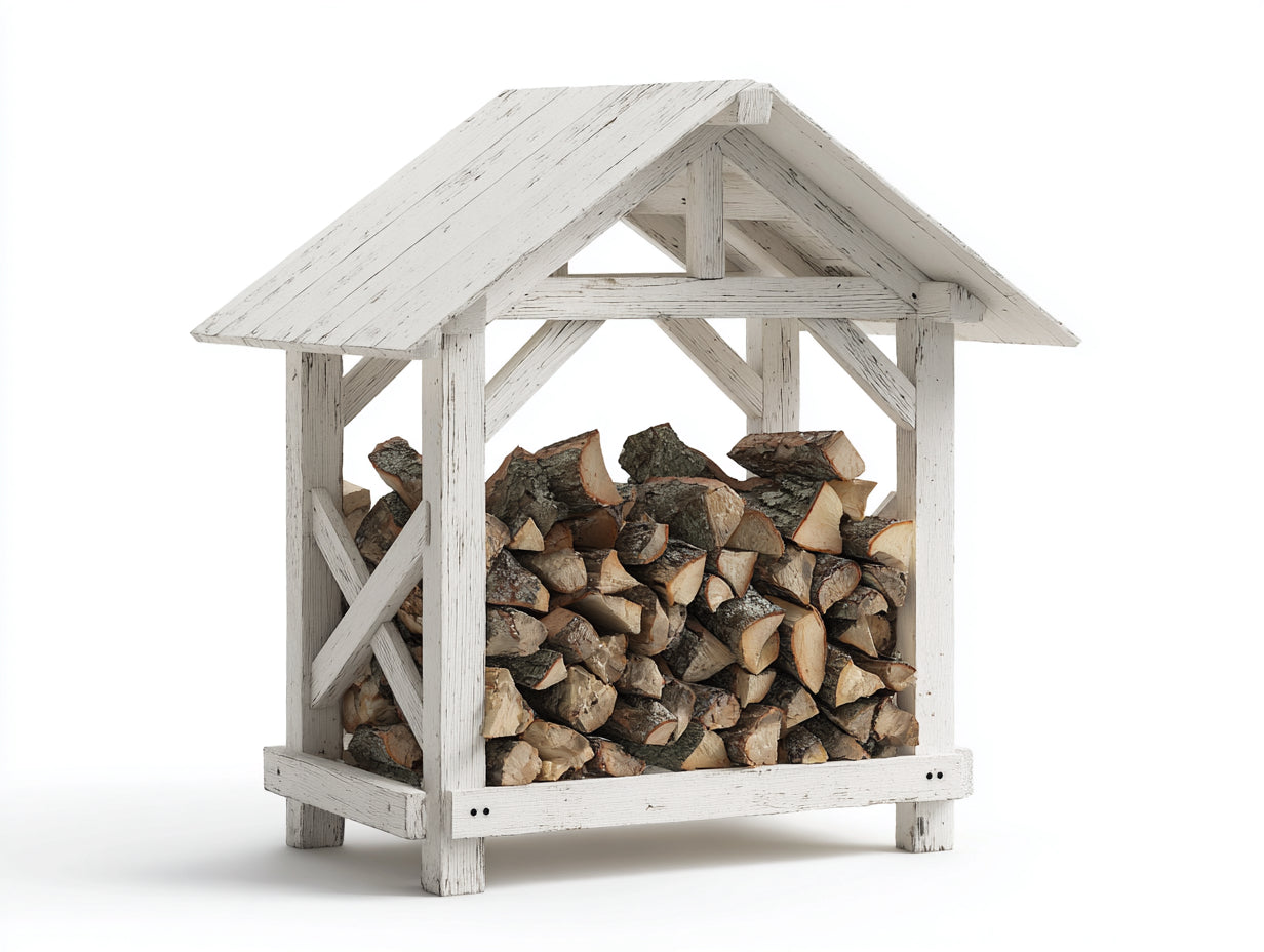 Leñero de exterior madera maciza 120x55x150 cm - blanco envejecido - con tejado inclinado